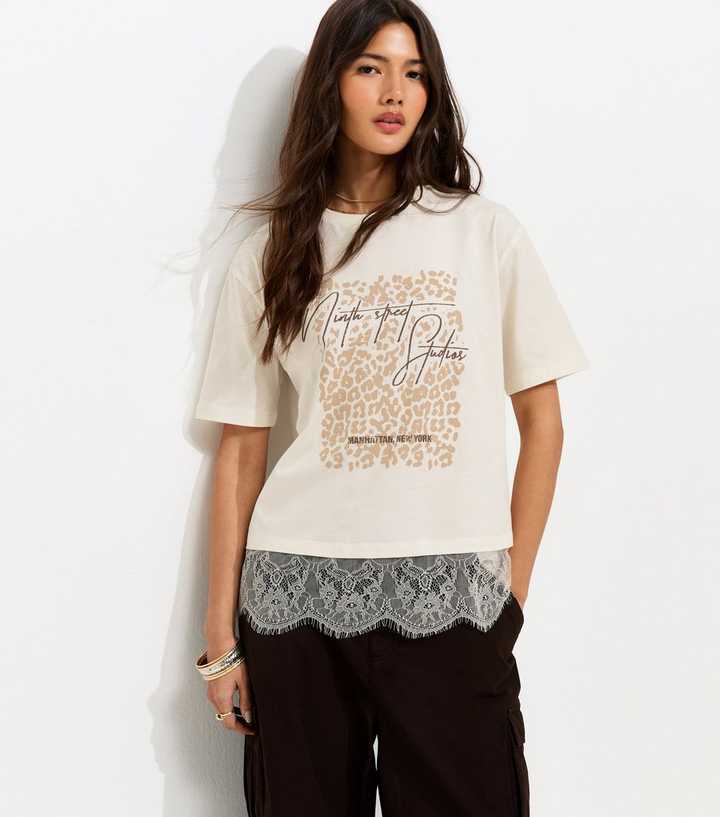 Cream Cotton Leopard Lace Trim T-Shirt