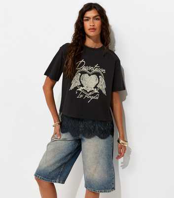 Black Cotton Downtown Los Angeles Heart Lace Trim T-Shirt