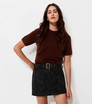 Black Faux Leather Belted A-Line Mini Skirt