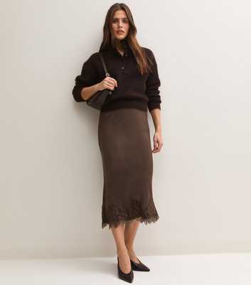 Dark Brown Satin Lace Trim Midi Pencil Skirt