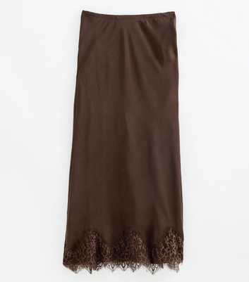 Dark Brown Satin Lace Trim Midi Pencil Skirt