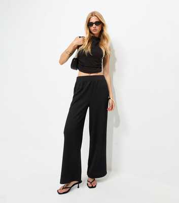 Black Crinkled Jersey Wide Leg Trousers