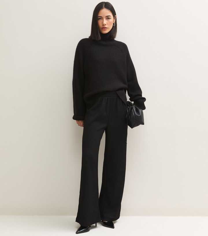 Black Crinkled Jersey Wide Leg Trousers