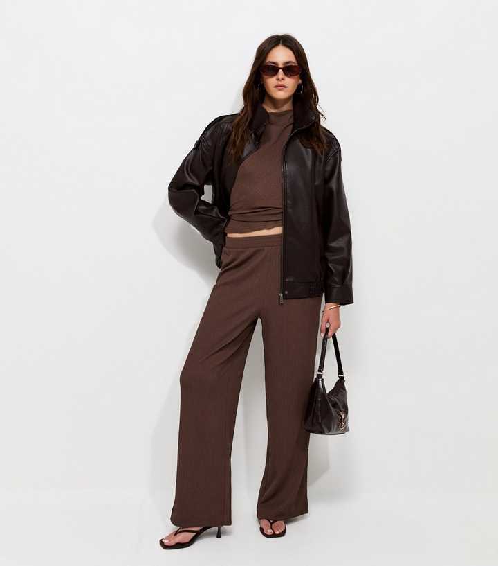 Dark Brown Crinkled Jersey Wide Leg Trousers