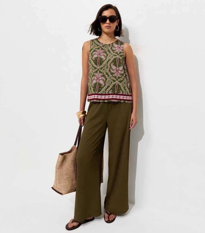 Light Khaki Crinkled Jersey Wide Leg Trousers