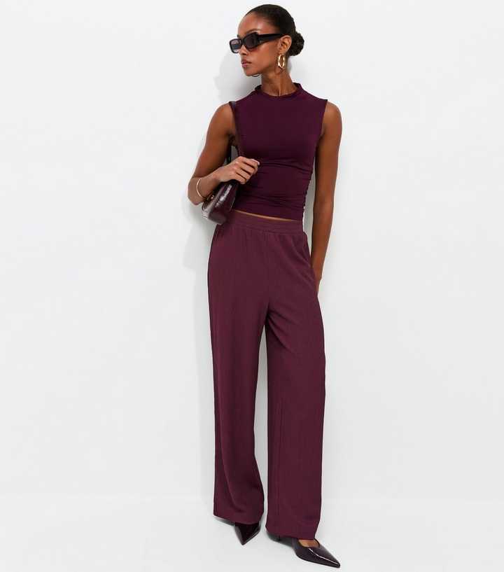 Dark Burgundy Crinkled Jersey Wide Leg Trousers