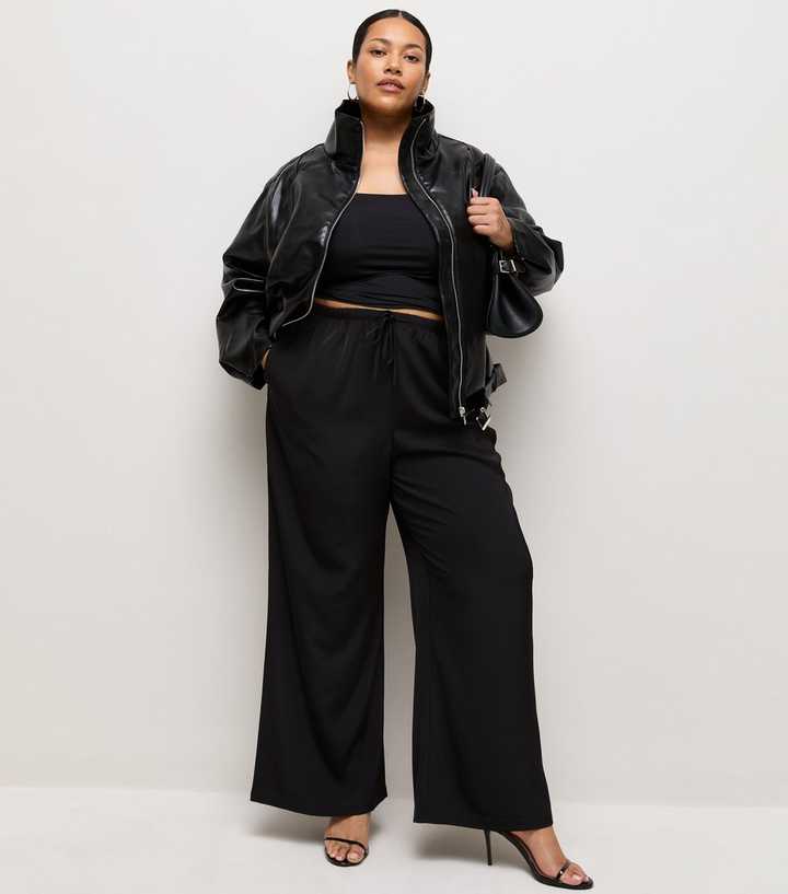 Curves Black Satin Wide Leg Trousers