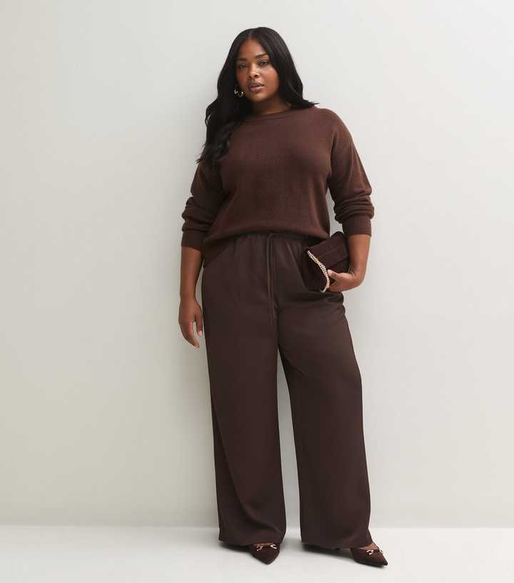 Curves Brown Satin Wide Leg Trousers