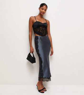 Dark Grey Satin Lace Trim Midi Skirt