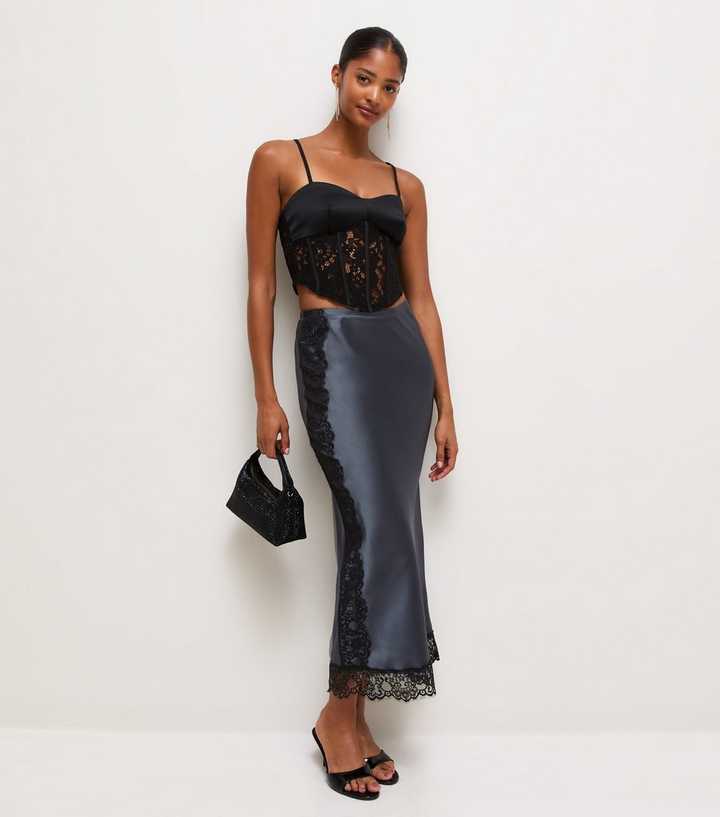 Dark Grey Satin Lace Trim Midi Skirt