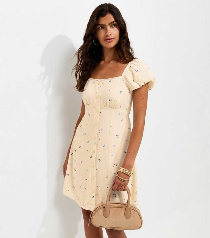 White Ditsy Print Button Detail Mini Dress