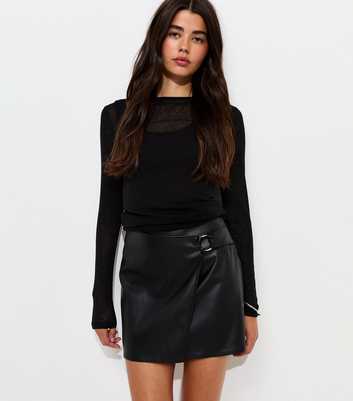 Black Faux Leather Hardware Detail Wrap Skirt