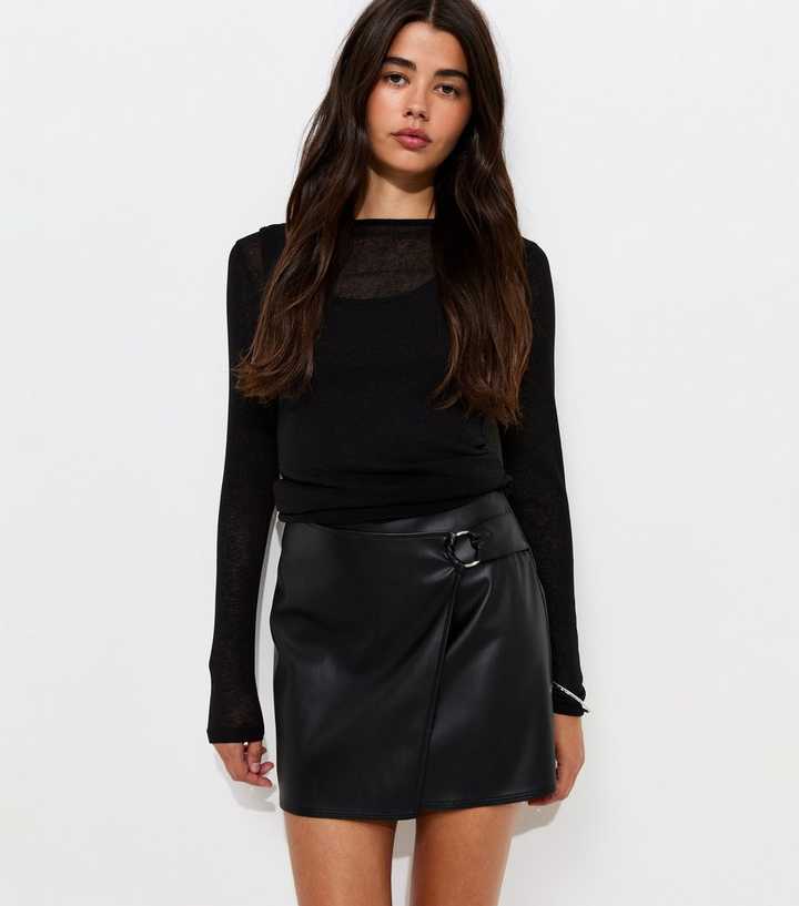 Black Faux Leather Hardware Detail Wrap Skirt