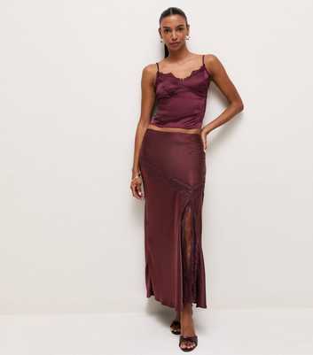 Dark Burgundy Asymmetric Lace Satin Midi Skirt