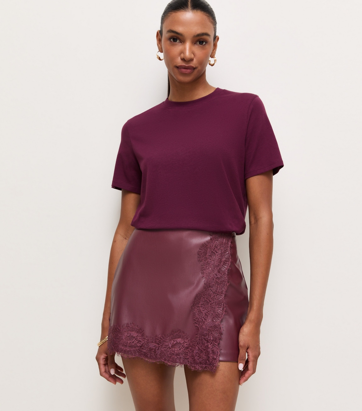 Women's Dark Burgundy Lace Trim Wrap Front Faux Leather Skort New Look