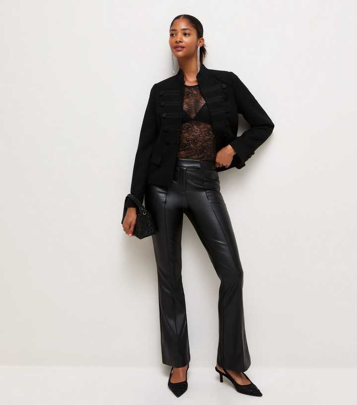 Black Faux Leather Kick Flare Trousers