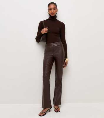 Dark Brown Faux Leather Kick Flare Trousers
