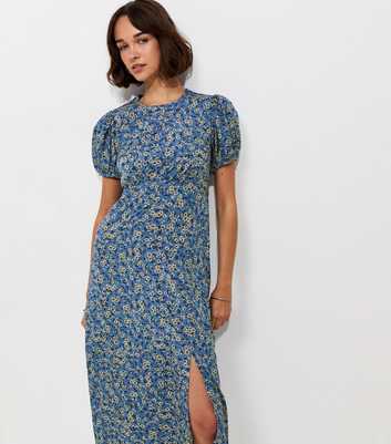 Blue Ditsy Floral Puff Sleeve Split Midi Dress