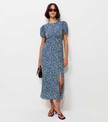 Blue Ditsy Floral Puff Sleeve Split Midi Dress