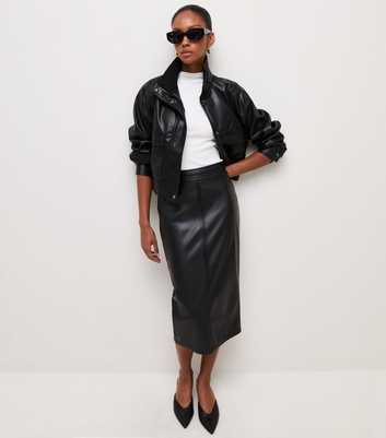 Black Faux Leather Midi Pencil Skirt