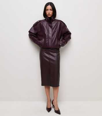 Dark Burgundy Faux Leather Pencil Midi Skirt