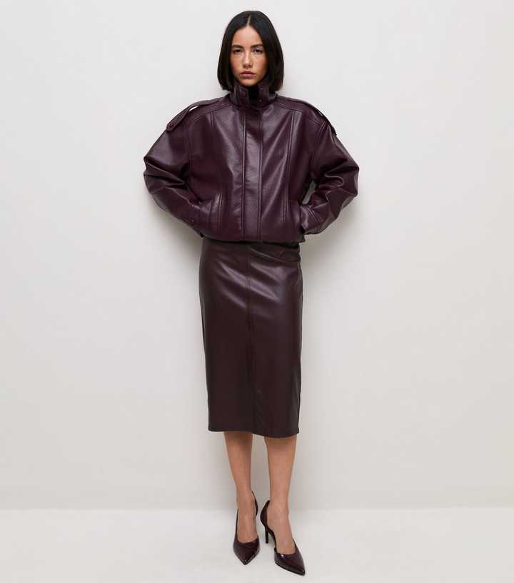 Dark Burgundy Faux Leather Pencil Midi Skirt