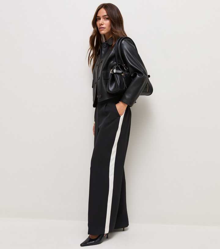 Petite Black Side Stripe Wide Leg Trousers