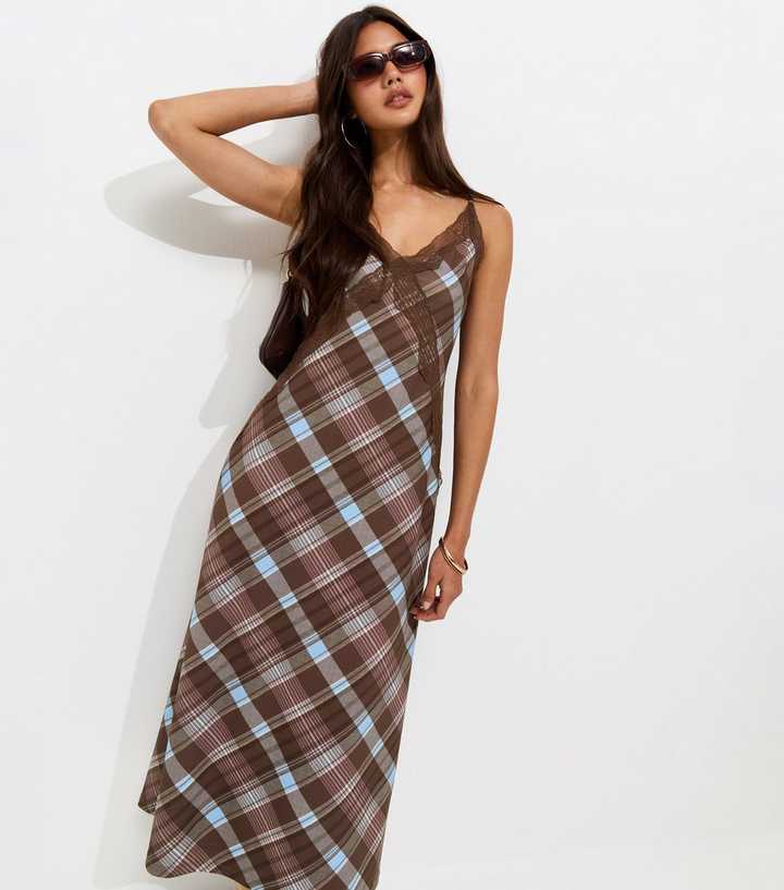Brown Check Lace Trim Strappy Mini Dress