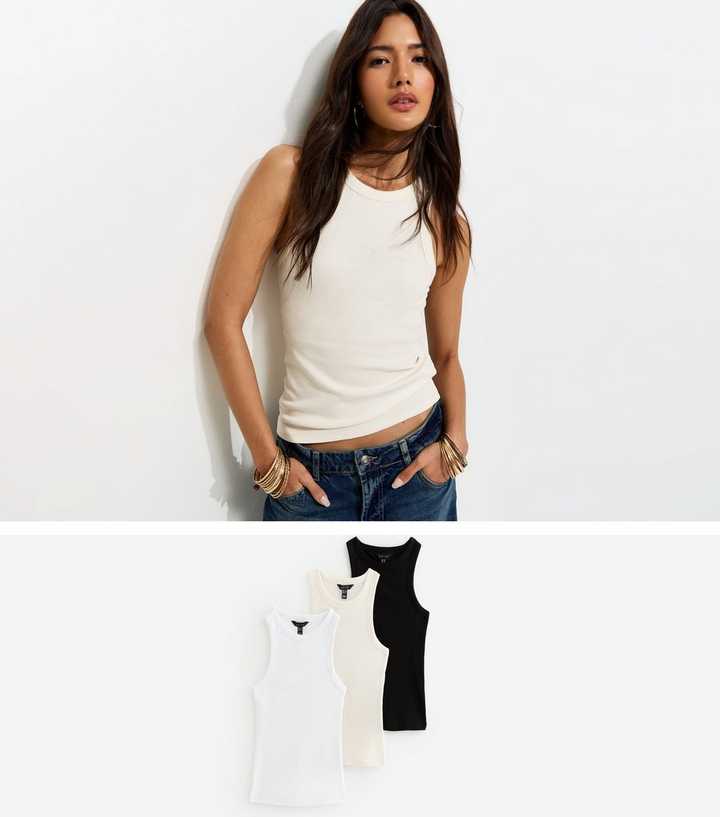 Cream Pack of 3 Racer Back Ribbed Jersey Vest Tops