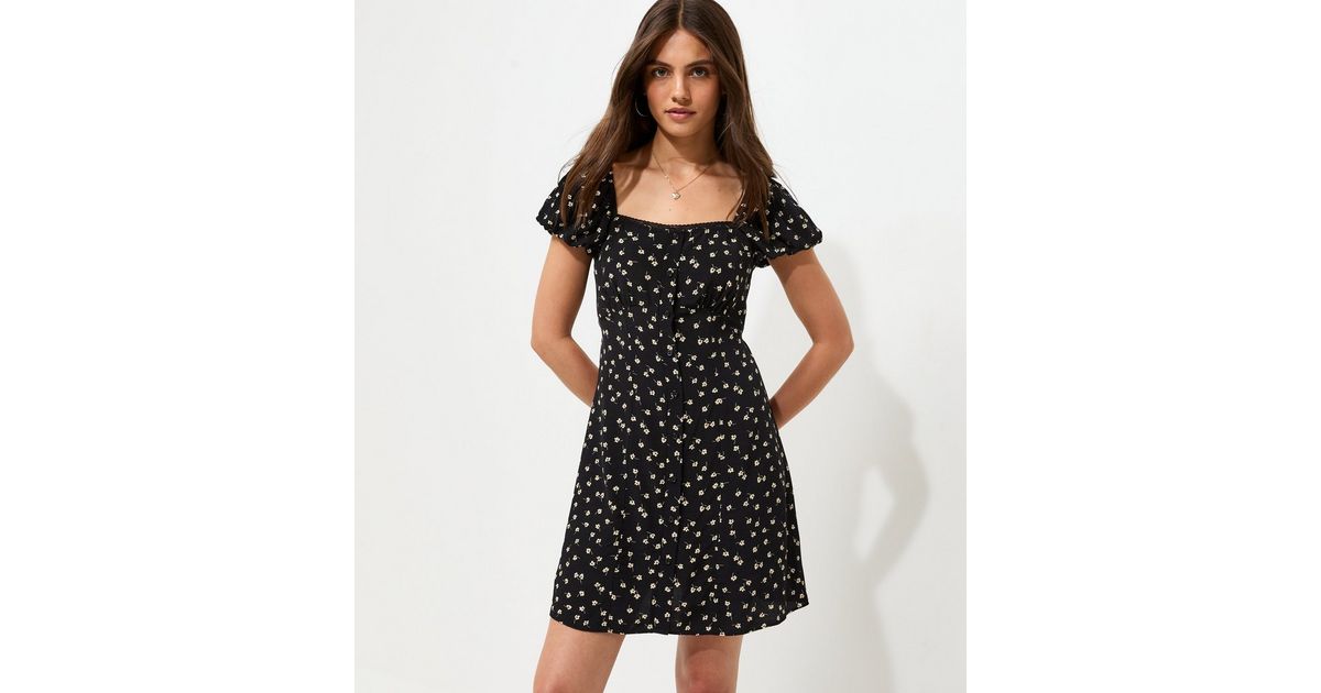 Black Floral Print Button Front Ditsy Print Mini Dress