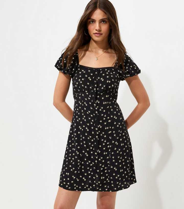 Black Floral Print Button Front Ditsy Print Mini Dress