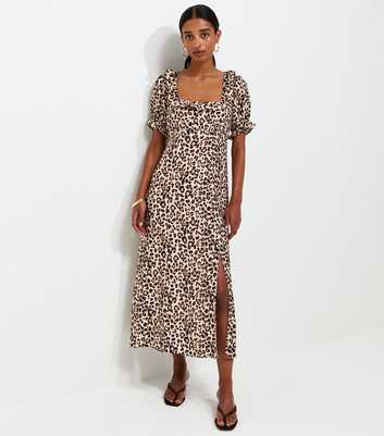 Brown Animal Print Square Neck Midi Tea Dress
