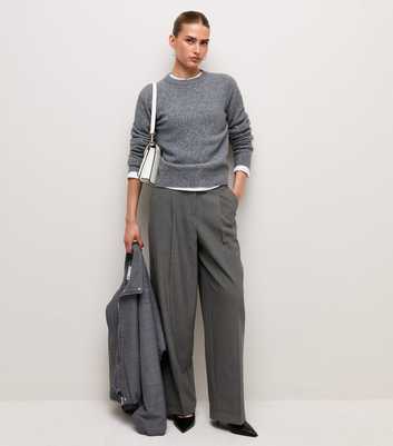 Grey Pinstripe Button Wide Leg Tailored Trousers