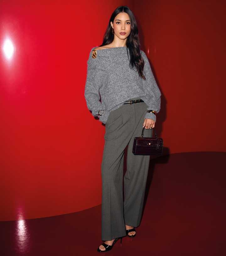 Grey Herringbone Wide Leg Tailored Trouser