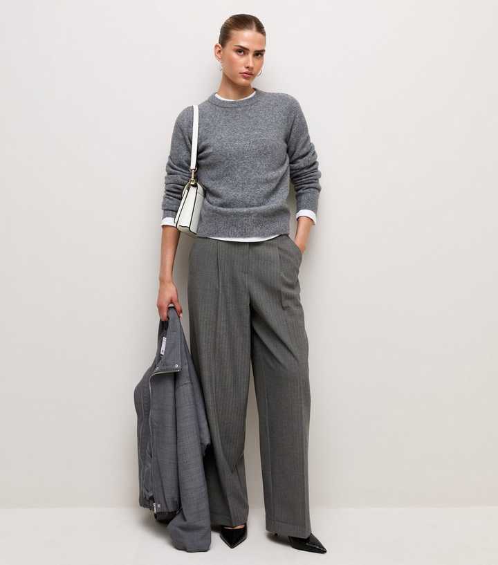 Grey Pinstripe Button Wide Leg Tailored Trousers