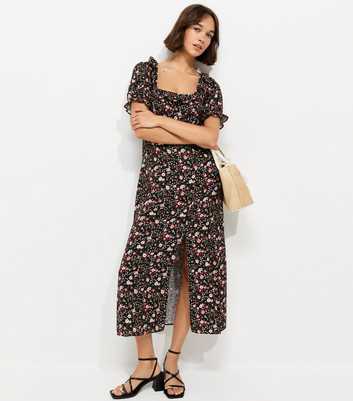Black Floral Square Neck Midi Tea Dress