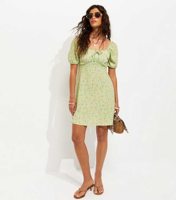 Green Floral Lace Trim Milkmaid Mini Dress