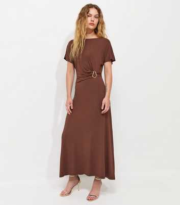 Dark Brown Sculpted Buckle Short Sleeve Midi Dress