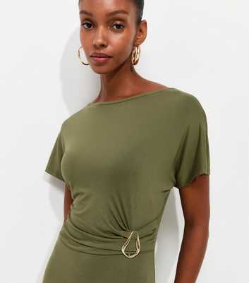 Dark Khaki Sculpted Buckle Short Sleeve Midi Dress