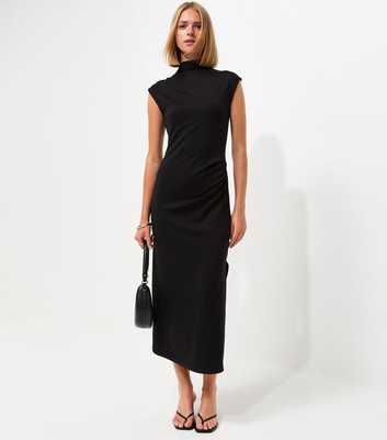 Black High Neck Ruched Sleeveless Midi Dress