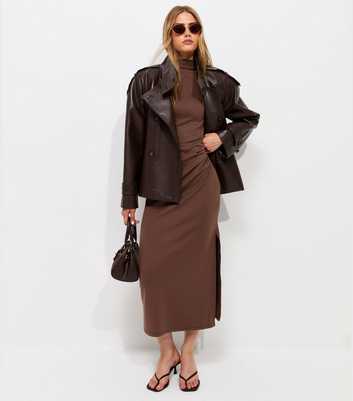Dark Brown High Neck Ruched Sleeveless Midi Dress
