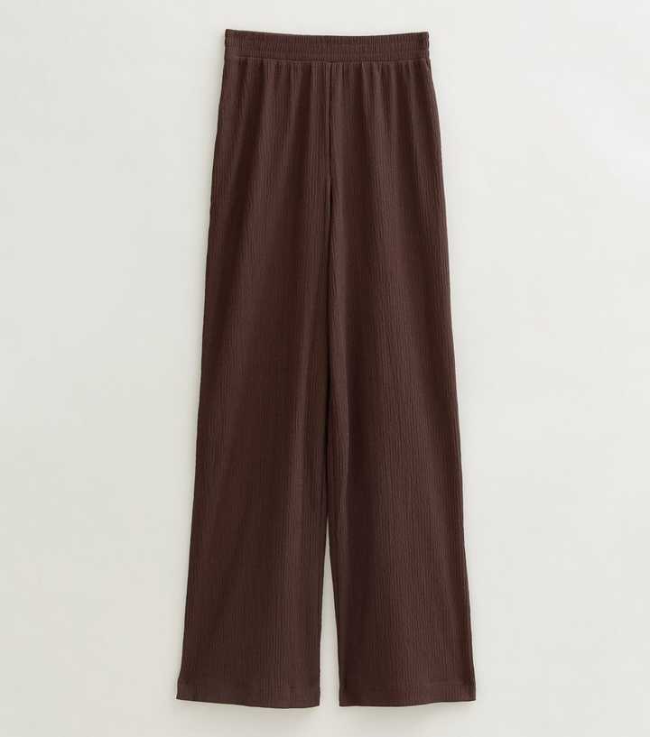 Tall Dark Brown Crinkle Texture Jersey Wide Leg Trousers