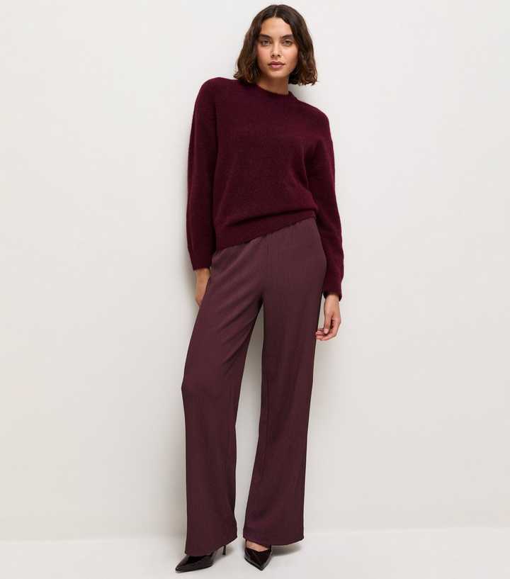 Tall Dark Burgundy Crinkle Texture Jersey Wide Leg Trousers