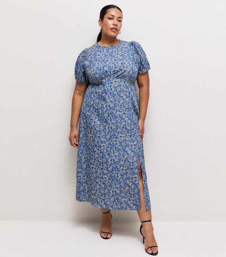 Curves Blue Ditsy Print Crew Neck Midi Dress