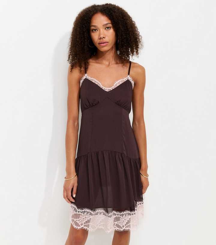 Dark Burgundy Chiffon Lace Trim Strappy Mini Dress