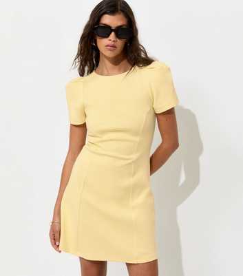 Light Yellow Cotton Rich Ponte Short Sleeve Structured Shoulder Mini Dress