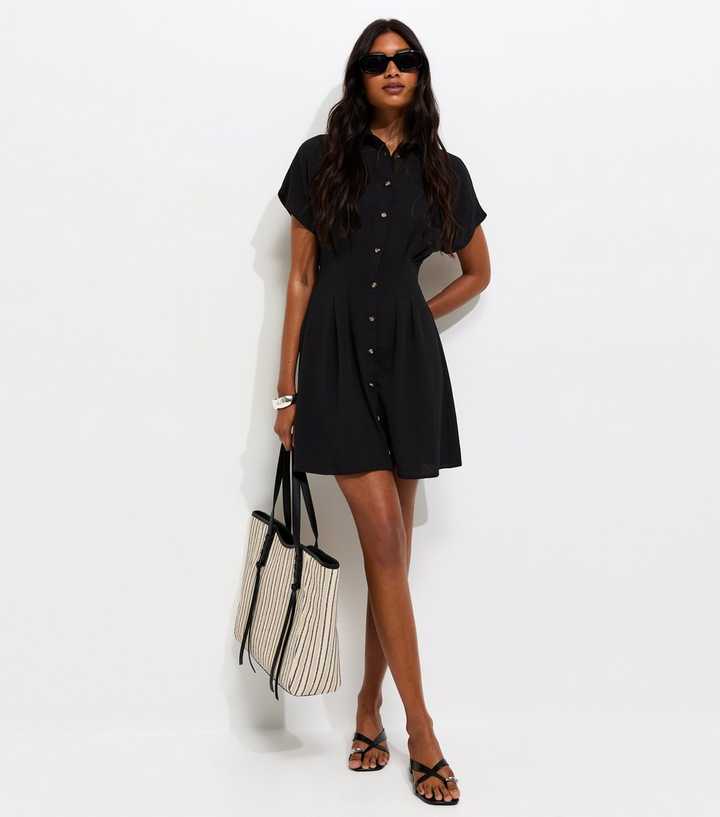 Black Short Sleeve Mini Shirt Dress