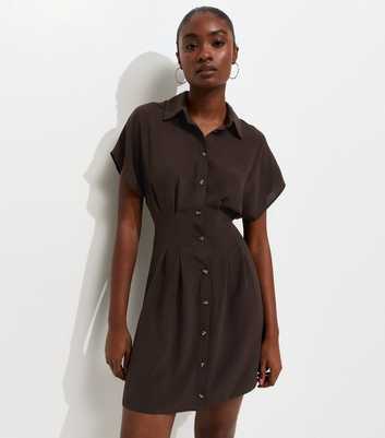 Dark Brown Short Sleeve Mini Shirt Dress