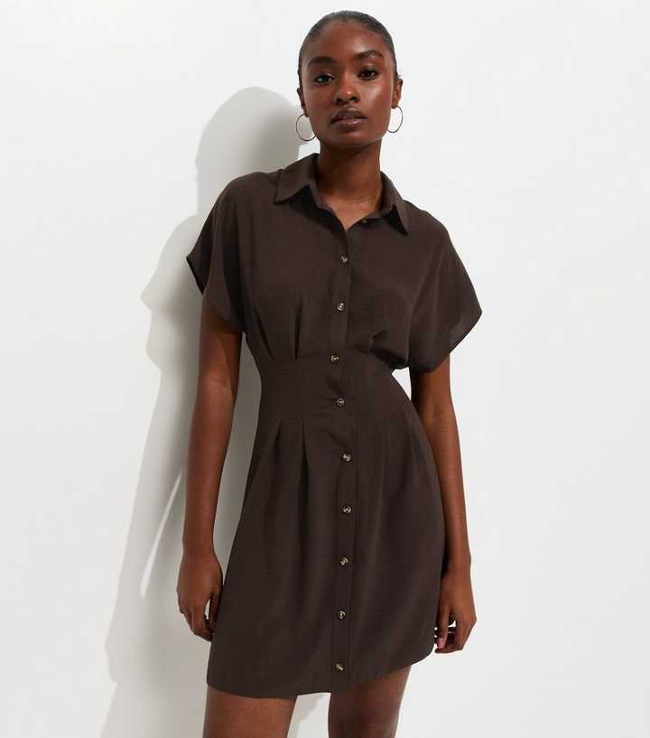Dark Brown Short Sleeve Mini Shirt Dress
