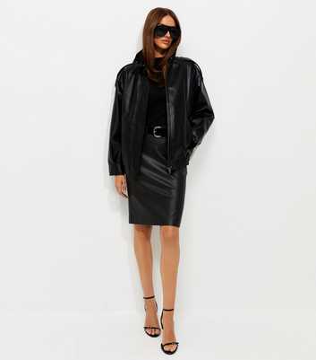 Black Faux Leather Belted Mini Pencil Skirt
